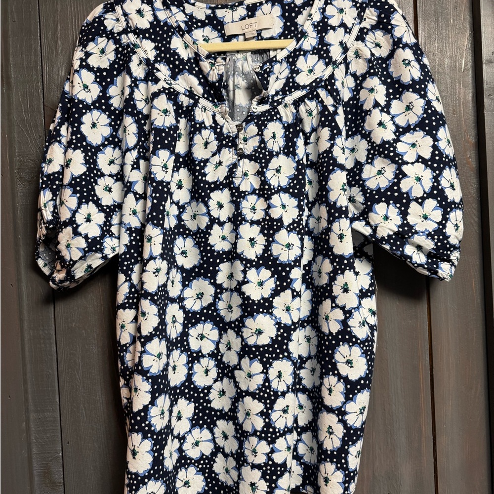 LOFT Navy and White Floral Blouse